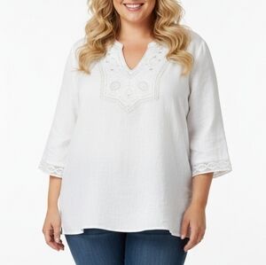 SilkLand Women's White Lace-Trimmed Embroidered Linen Tunic Top 1X